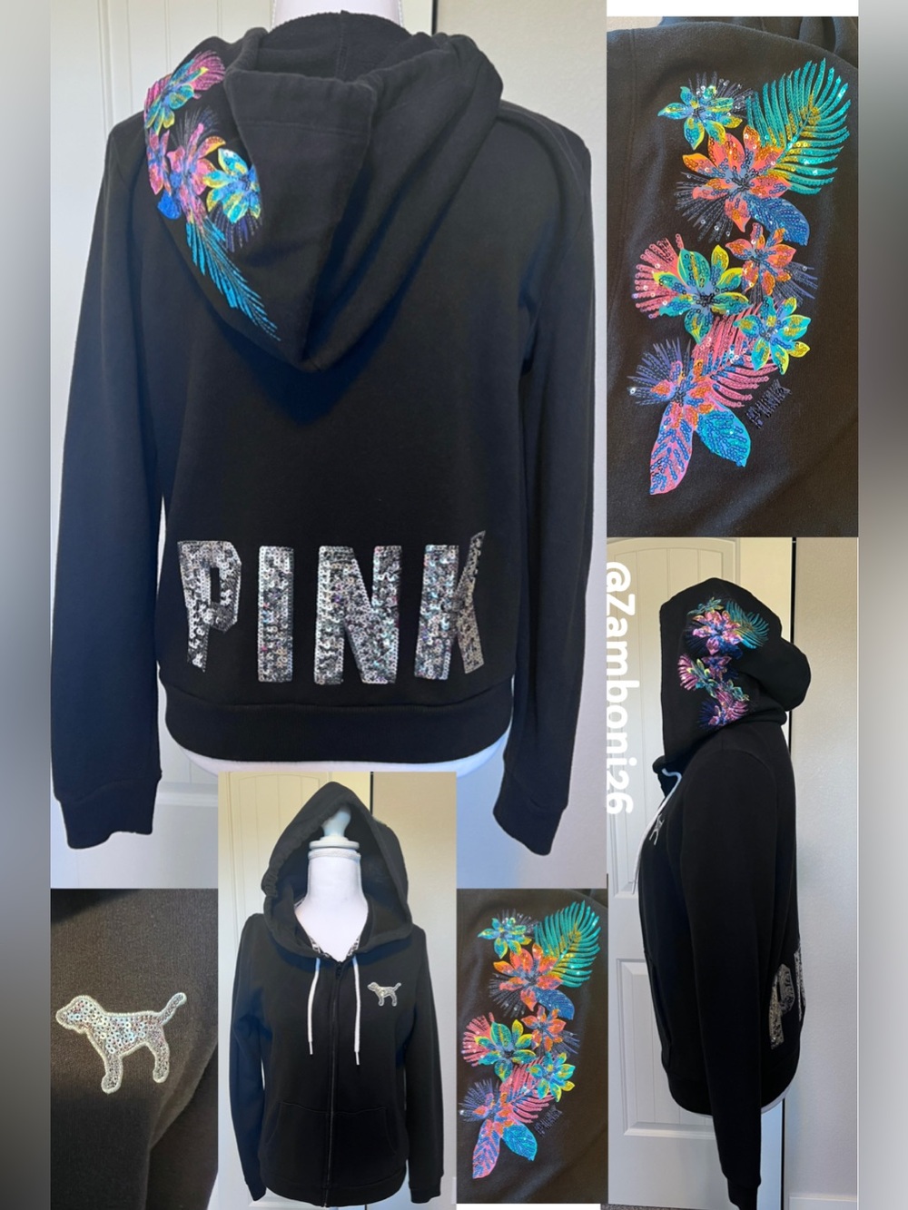 VS PINK SEQUIN Floral Dog Zip up Hoodie Pockets Small A Must Buy!